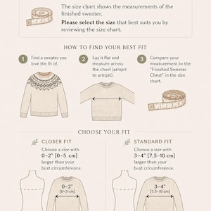 May include: An instructional infographic titled How to Choose Your Size for Your Icelandic Sweater. It features illustrations of a sweater, a measuring tape, and diagrams explaining how to measure chest width for a closer or standard fit in inches.