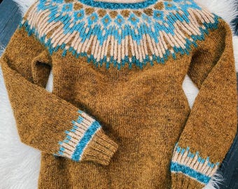 Icelandic Sweater HOPI Womens Norway Golden Sweater Wool Norwegian Hand knit Fair Isle Scandinavian Linka Neumann Pullover Nordic Lopapeysa