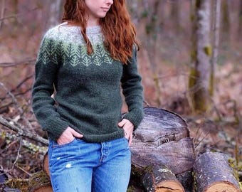Icelandic Wool Lopapeysa Nordic Womens Pine Mountains Green Sweater SKÓGAFJALL Norwegian Scandinavian Jumper Norway Camping Lopi Pullover