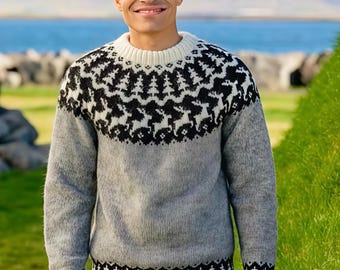 Men's Icelandic Hand Knit Norwegian Scandinavian Sweater, Nordic Pure Wool Lopapeysa REINDEER, Norway Christmas Fair Isle Sweater for Men