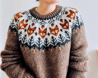 Fox Icelandic Wool Sweater, Hand Knit Nordic Women's Lopapeysa, Fair Isle Autumn Jumper, Brown