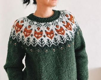 Fox Icelandic Wool Sweater, Hand Knit Lettlopi Women’s Pine Green Lopapeysa, Nordic Fair Isle Custom Jumper