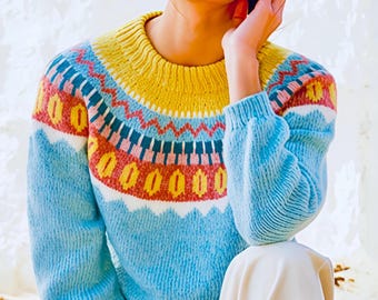 Womens Icelandic Sweater Glacier Blue Jumper Scandinavian Pure Wool Lopapeysa Nordic sweater Fair Isle Pullover Ski Norway Hand Knit Jumper