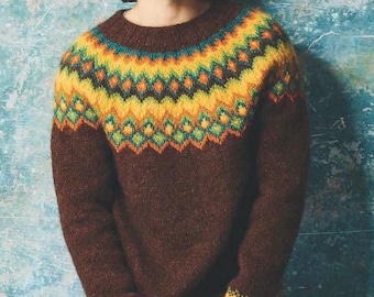 Isländischer Wollpullover für Herren, Handgestrickter Fair Isle Lopapeysa, Eichel Brauner Nordischer Pullover, Norwegischer Wollpullover