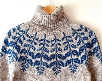 Beige Icelandic Sweater KRISTTJØRN Womens Turtleneck Wool Fair Isle Jumper Scandinavian Lopapeysa Nordic Pullover Hand Knit Gift for Her