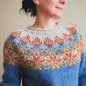 Può includere: Un maglione blu lavorato a maglia con scollo tondo e carrè fantasia. Il carrè presenta disegni geometrici arancioni, gialli e bianchi su sfondo grigio. Il corpo del maglione è di colore blu unito.