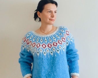 Made to Order-TELJA Icelandic Sweater Lopapeysa Nordic Cozy Warm Pure Wool Fair Isle Pullover Hand knit Scandinavian Outdoor Nature Jumper