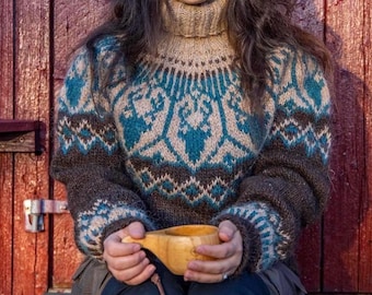 Icelandic Chunky Sweater,  Reindeer Hand Knit Alafosslopi Turtleneck Lopapeysa, Nordic Fair Isle Heavyweight Custom Pullover, Nordkalotten