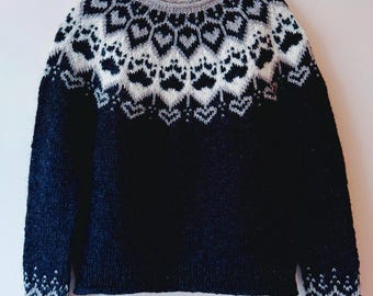Icelandic Sweater Lopapeysa Womens Norway Lopi Jumper Dog Paw Black Scandinavian Norwegian Wool Norway Nordic Hand Knit Fair Isle Pullover