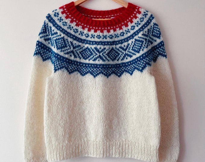 Featured listing image: Ready to Ship Size S MARIUS Norwegian Womens Nordic Hand Knit White Sweater Icelandic Wool Lopapeysa Fair Isle Norway Scandinavian Pullover