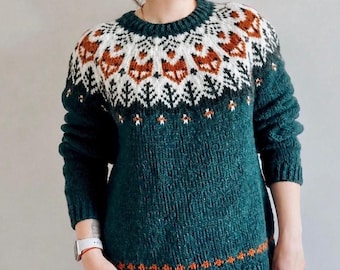 Fox Icelandic Wool Sweater, Hand Knit Lettlopi Women’s Lopapeysa, Nordic Fair Isle Custom Jumper, Emerald Green