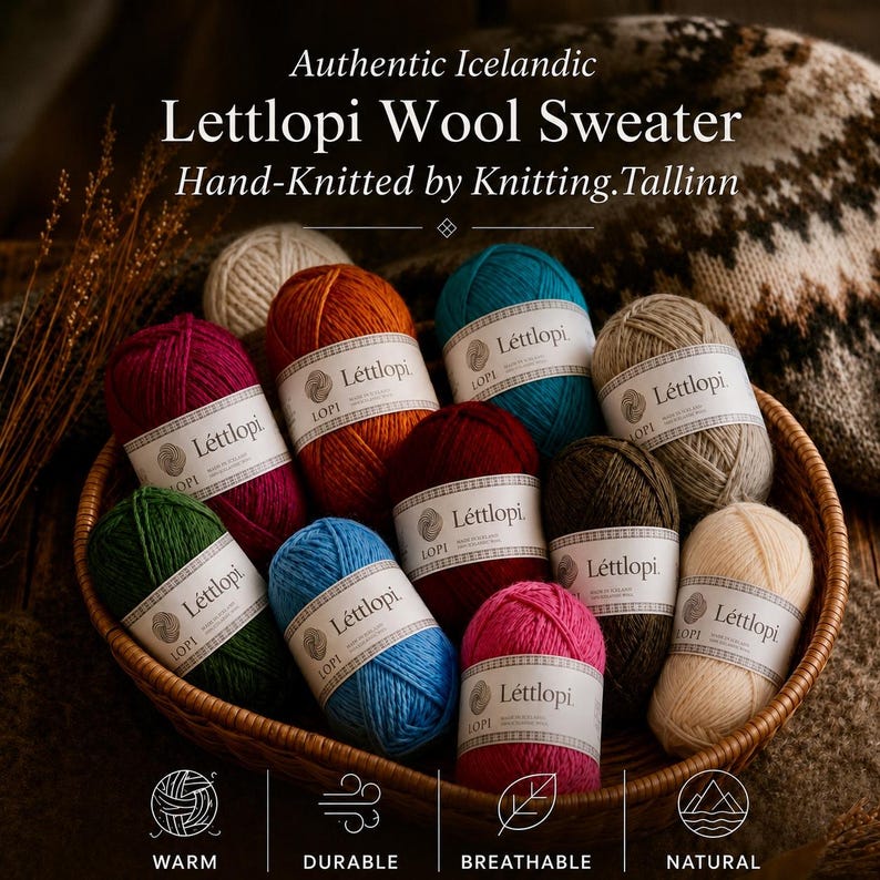 May include: A collection of eleven skeins of L&egrave;ttlopi wool yarn in various colors including red, blue, green, brown, and cream, each with a white paper label, arranged in a round woven basket with text overlay reading Authentic Icelandic Lettlopi Wool Sweater.