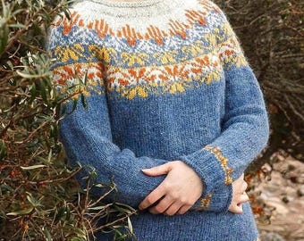 Icelandic Sweater SEA BUCKTHORN Nordic Womens Blue Floral Wool Lopapeysa Fair Isle Norwegian Pullover Norway Hand Knit Scandinavian Jumper