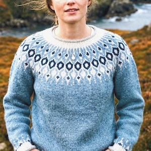 Pastel Blue Icelandic Lettlopi Wool Sweater, Hand Knit Nordic Telja Lopapeysa, Scandinavian Fair Isle Jumper, Norwegian Style Pullover