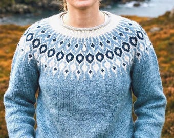 Pastel Blue Icelandic Lettlopi Wool Sweater, Hand Knit Nordic Telja Lopapeysa, Scandinavian Fair Isle Jumper, Norwegian Style Pullover