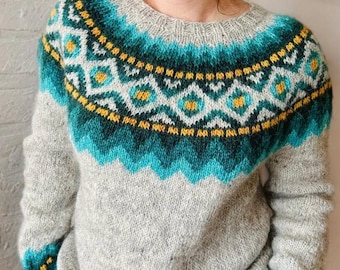 Góa Isländischer Wollpullover, Handgestrickter Lettlopi Lopapeysa, Skandinavischer Norweger, Fair Isle Colorwork Pullover