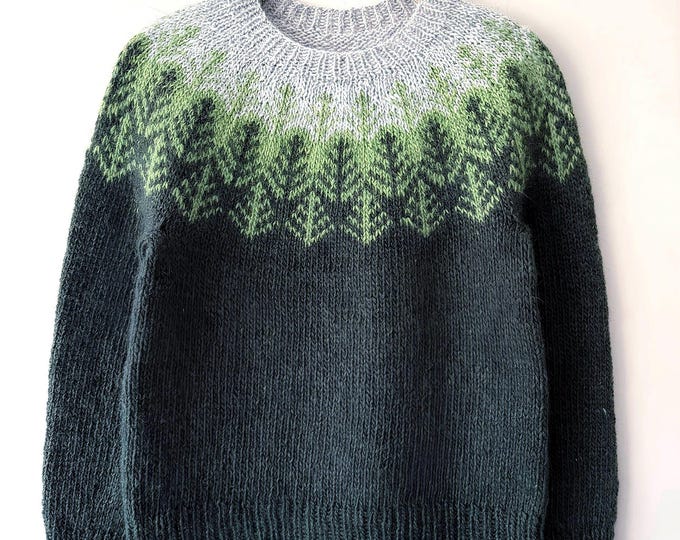 Featured listing image: Ready to Ship Size XS Icelandic Hand Knit Womens Jumper Pine Green Wool Norwegian Sweater SKÓGAFJALL Nordic Lopapeysa Scandinavian Pullover