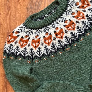Close up: Lyme Grass Green Hand-knitted Icelandic wool Into the Wild sweater with a fox yoke pattern, made from genuine Icelandic wool by Knitting.Tallinn.