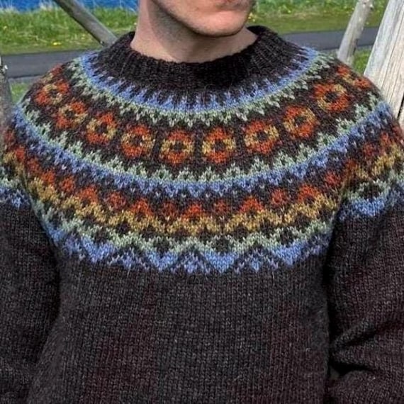 Men's Icelandic Hand Knit Fair Isle Sweater Nordic Pure Wool