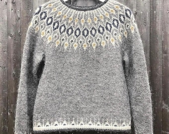 Icelandic Fair Isle Sweater Lopapeysa TELJA Grey Eco Pure Wool Pullover Nordic Scandinavian Jumper Hand knit Norwegian Sweater Gift for Her