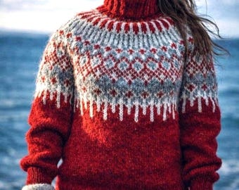 Icelandic Chunky Sweater, Hand Knit Alafosslopi Turtleneck Lopapeysa, Nordic Fair Isle Heavyweight Custom Pullover, Føyka Polar