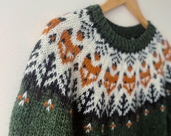 FOX Icelandic Sweater, Pine Green Pure Wool Nordic Hand Knit FOX Icelandic Sweater, Pine Green Pure Wool Nordic Hand Knit