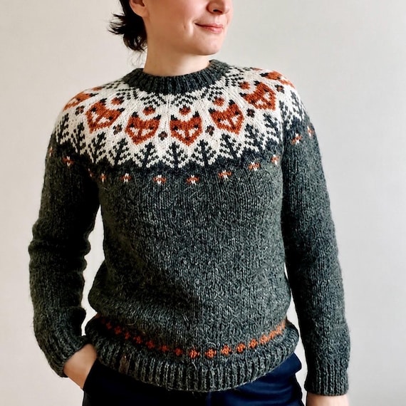 Fox Icelandic Wool Sweater, Norwegian Hand Knit Lettlopi Lopapeysa