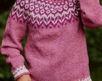 Hand-knit Pink Icelandic Wool Sweater: Riddari Nordic Lopi Design