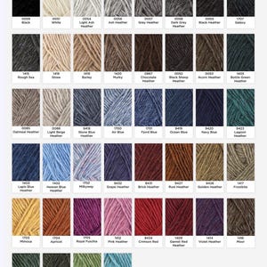 May include: A color chart for Lettlopi 100% Icelandic wool yarn, featuring 52 square swatches of various yarn colors arranged in a grid. Each swatch includes a numerical code and a color name, such as Black, White, and various heathered tones.