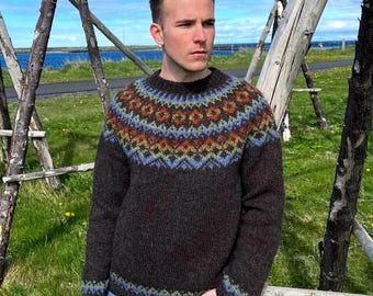 Men's Icelandic Hand Knit Fair Isle Sweater Nordic Pure Wool Lopapeysa GJÖF Scandinavian Jumper Norway Camping Norwegian Sweater for Men