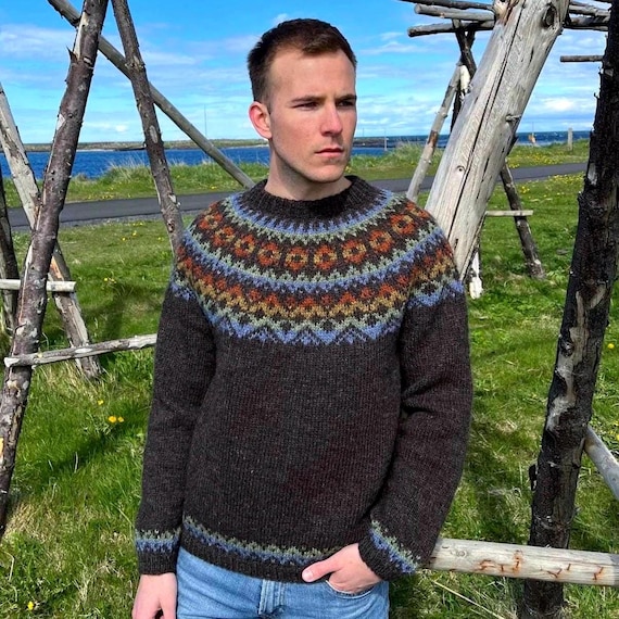 Men's Icelandic Hand Knit Fair Isle Sweater Nordic Pure Wool