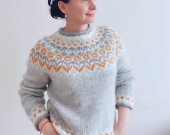Nordic Sweater RIDDARI~Icelandic Wool Ski Sweater~Knitted Scandinavian Style Jumper~Lopapeysa for Hiking~Cozy Fair Isle Style Sweater-Size S