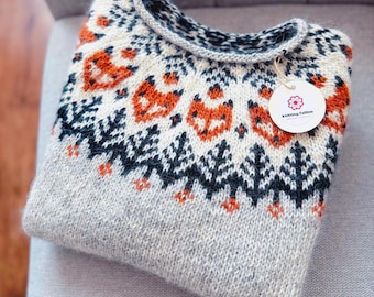 Icelandic Sweater FOX Lopapeysa Womens Jumper Nordic Fair Isle Pullover Scandinavian Hand Knit Eco Wool Gift for Fox Lovers Iceland Gift