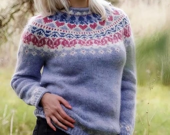 Icelandic Sweater SUN RAY Norwegian Pure Wool Lopapeysa Nordic Fair Isle Light Blue Pullover Norway Yoke Sweater Iceland Lopi Gift for Her