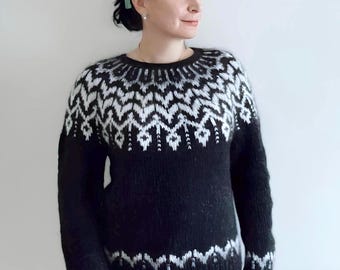 Icelandic Sweater DREYMA Norwegian Black Nordic Eco Lopi Wool Fair Isle Pullover Hand Knit Scandinavian Jumper Nordic Womens Norway Sweater