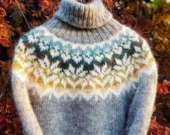 Icelandic Lopapeysa AFMAELI Womens Floral Turtleneck Nordic Jumper Wool Sweater Hand Knit Eco Wool Iceland Pullover Norway Gift for Her
