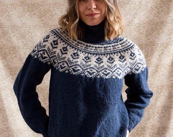 Icelandic Sweater MONTAGNE Womens Pure Wool Fair Isle Lopapeysa Nordic Lopi Pullover Hand Knit Scandinavian Jumper Norwegian Gift for Her