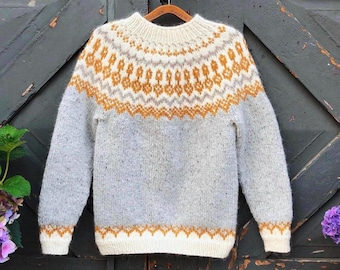Womens Icelandic sweater Norwegian Light Grey Jumper Eco Wool Fair Isle Lopapeysa Nordic Hand Knit Scandinavian Lopi Sweater Iceland Gift