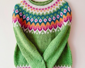 Icelandic Sweater RIDDARI Norwegian Womens Hand Knit Jumper Wool Ski Light Green Fair Isle Scandinavian Pullover Norway Gift for Her