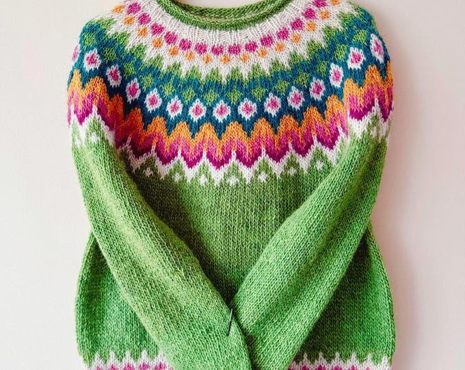 Featured listing image: Icelandic Sweater RIDDARI Norwegian Womens Hand Knit Jumper Wool Ski Light Green Fair Isle Scandinavian Pullover Norway Gift for Her