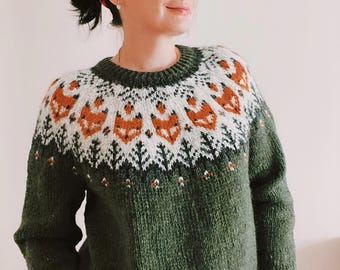 Pine Green Icelandic Sweater FOX Womens Jumper Pure Eco Friendly Wool Nordic Hand Knit Fair Isle Pullover Gift for Fox Lovers Norwegian Gift