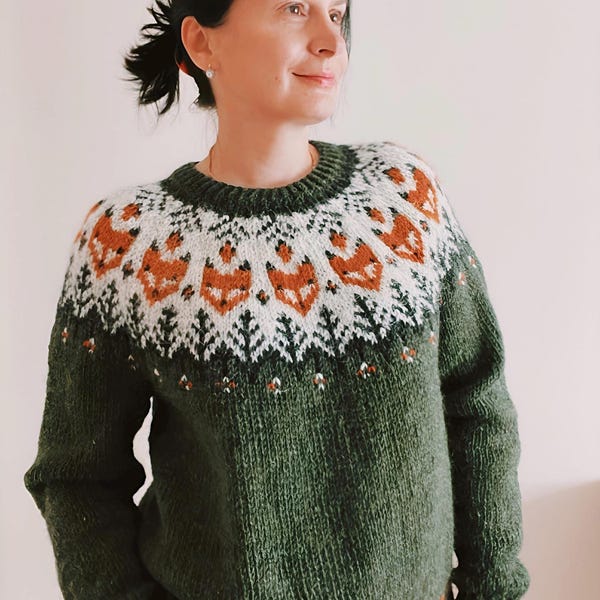 Pine Green Fox Isländischer Lettlopi Wollpullover, Fair Isle Handgestrickter Nordischer Lopapeysa,Skandinavischer Wollpullover, Norwegischer Pullover