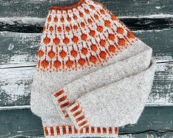 Womens Jumper Beige Icelandic Sweater CLOUDBERRY Autumn Norwegian Pure Wool Fair Isle Nordic Lopapeysa Hand Knit Scandinavian Pullover