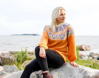 Yellow Icelandic Sweater PARADISE Nordic Floral Pure Wool Lopapeysa Fair Isle Norwegian Pullover Norway Hand Knit Sweater Scandinavian Gift