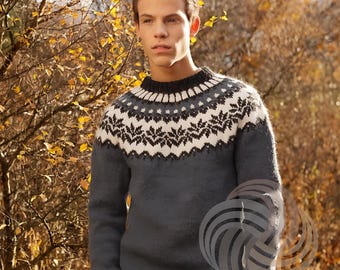 Men's Icelandic Hand Knit Norwegian Sweater, Nordic Pure Wool Lopapeysa Sweater AFMAELI, Norway Camping Fair Isle Style Sweater for Men
