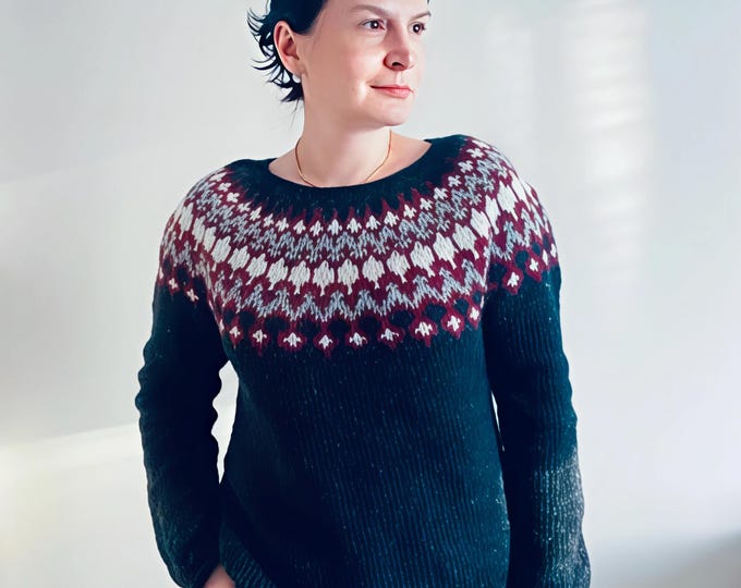 Featured listing image: Ready to Ship Size S Womens Icelandic Sweater Norway Hand Knit Black Nordic Wool Pullover TREYSTA Scandinavian Fair Isle Norwegian Jumper