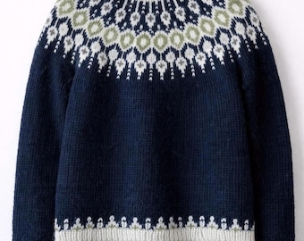 May include: A long-sleeved knit sweater in deep navy blue featuring a round neckline and a yoke decorated with a repeating geometric pattern in sage green, white, and grey. The cuffs and hem are finished with a matching white and grey border.