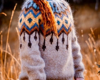 Icelandic Chunky Sweater, Hand Knit Alafosslopi Turtleneck Lopapeysa, Nordic Fair Isle Heavyweight Custom Pullover, Lista