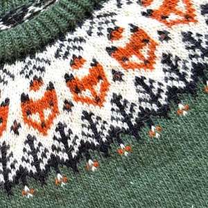 Pattern Yoke details:  Lyme Grass Green Hand-knitted Icelandic wool Into the Wild sweater with a fox yoke pattern, made from genuine Icelandic wool by Knitting.Tallinn.