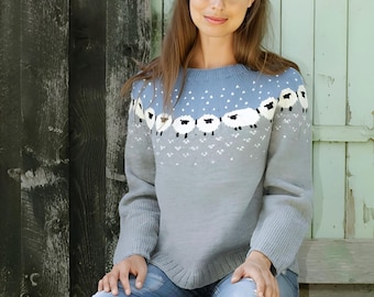 Icelandic sweater, Sheep Motif Nordic Fair Isle Sweater, Scandinavian Hand Knit Pullover, Wool Lopapeysa, Shepherds Sweater, Iceland Gift